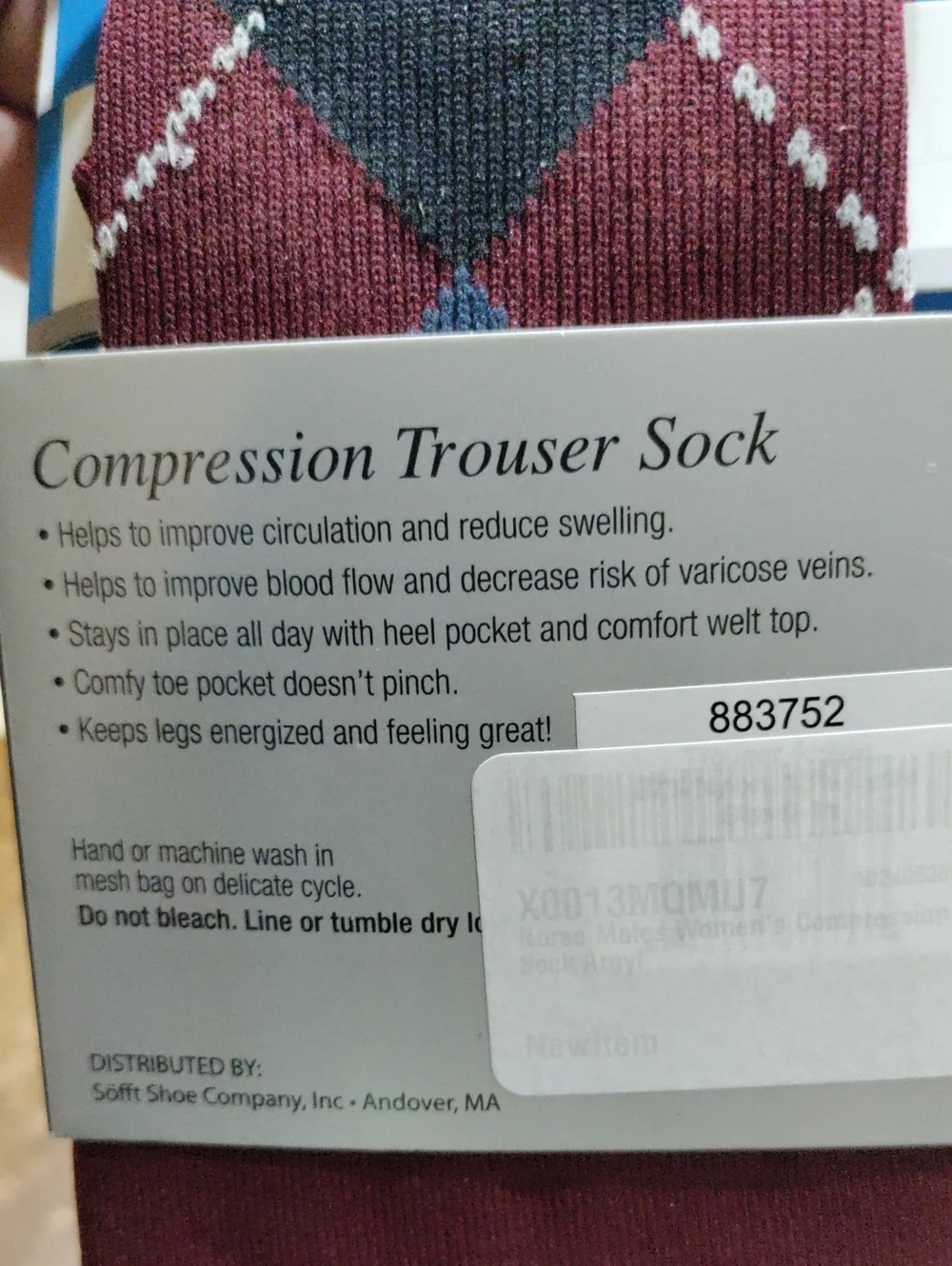 Nurse Mates Men's Burgundy Argyle Compression Socks with Blue and Black Accents
